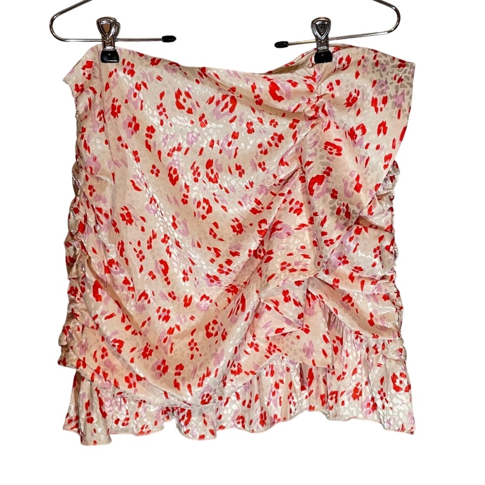 BCBGeneration Red Lavender Leopard Ruched Ruffle Mini Skirt L Coquette Romantic